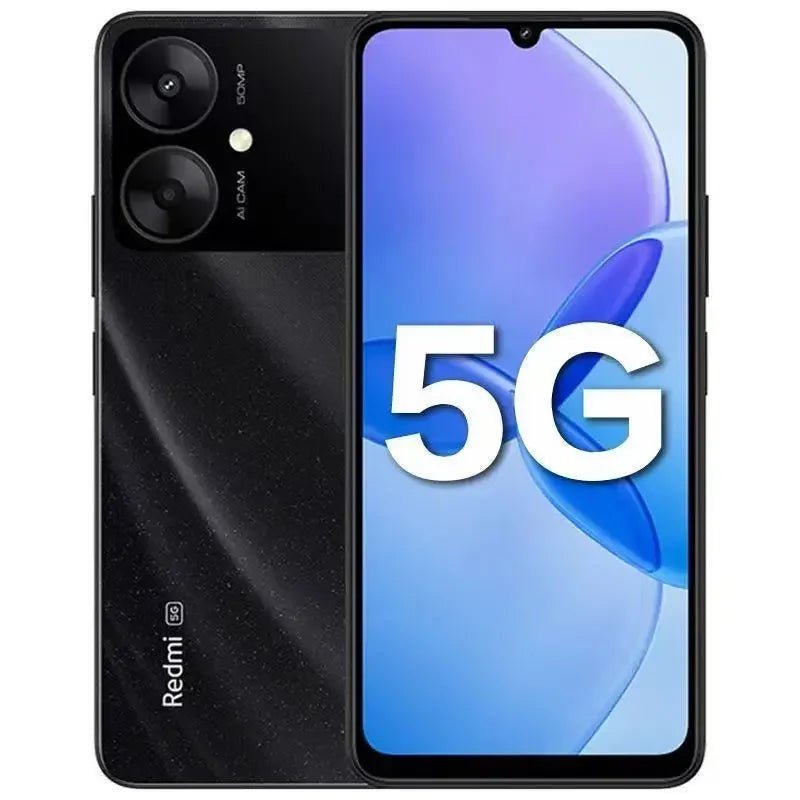 Black Redmi 13R 5G smartphone showing front display and rear 50MP AI dual camera system.