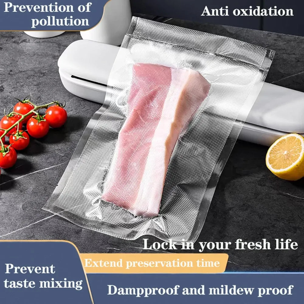 Silver-textured vacuum sealer bag with sealed pink meat portion inside