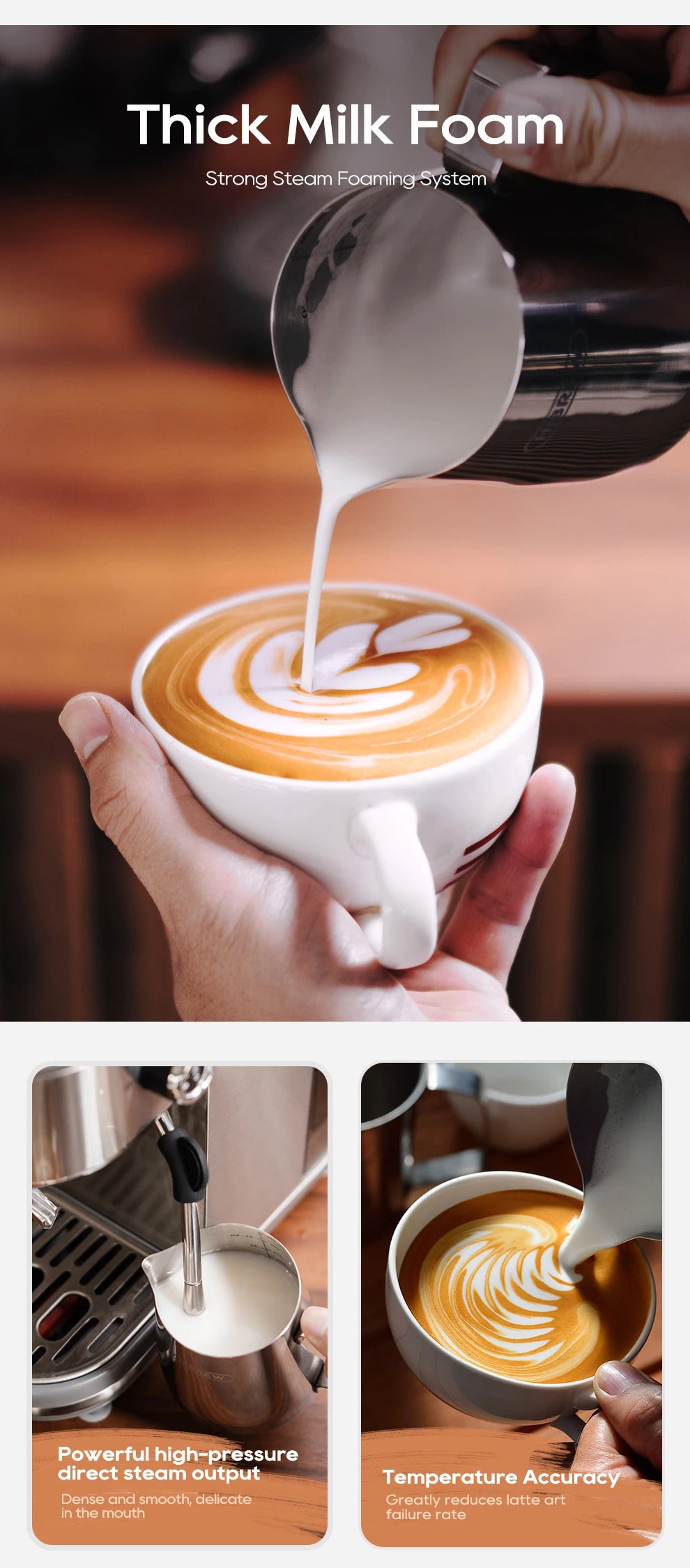 Stainless steel espresso milk frothing pitcher pouring foam into a ceramic latte cup with steam wand detail.