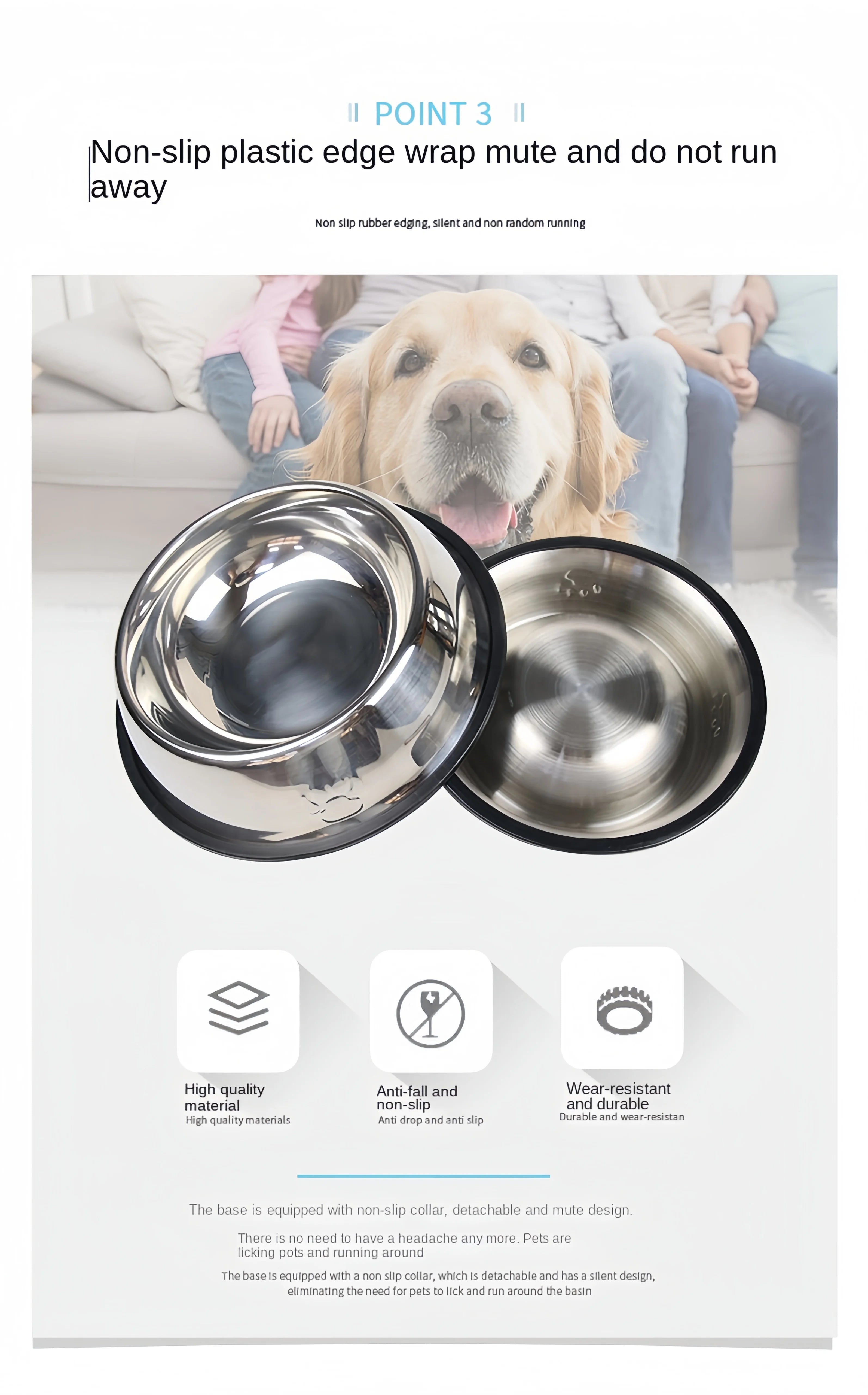 Durable stainless steel dog and cat feeding bowl with non-slip base for easy, quiet, and mess-free pet mealtime.