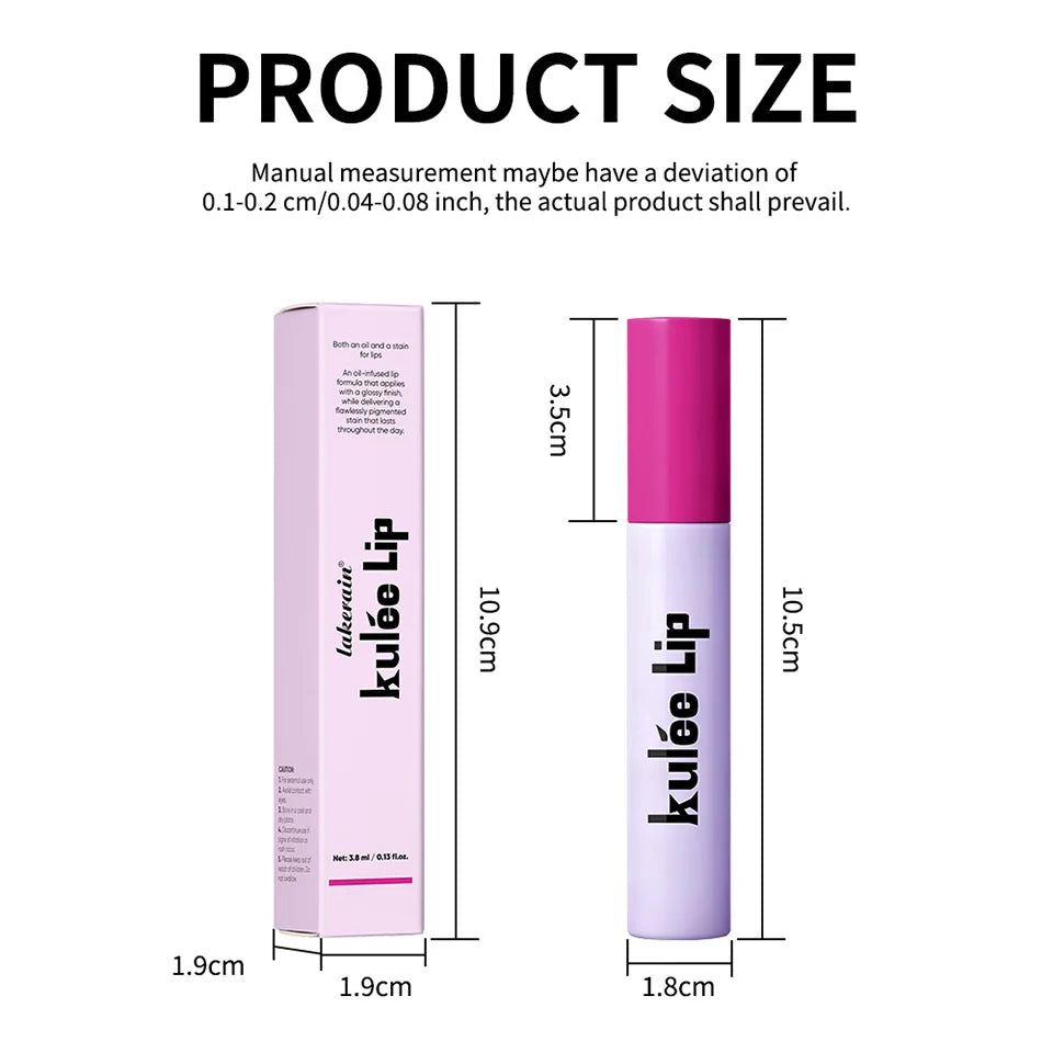 Kulfée 2-in-1 hydrating lip oil stain, non-sticky glossy long-lasting liquid lip makeup product size dimensions chart.