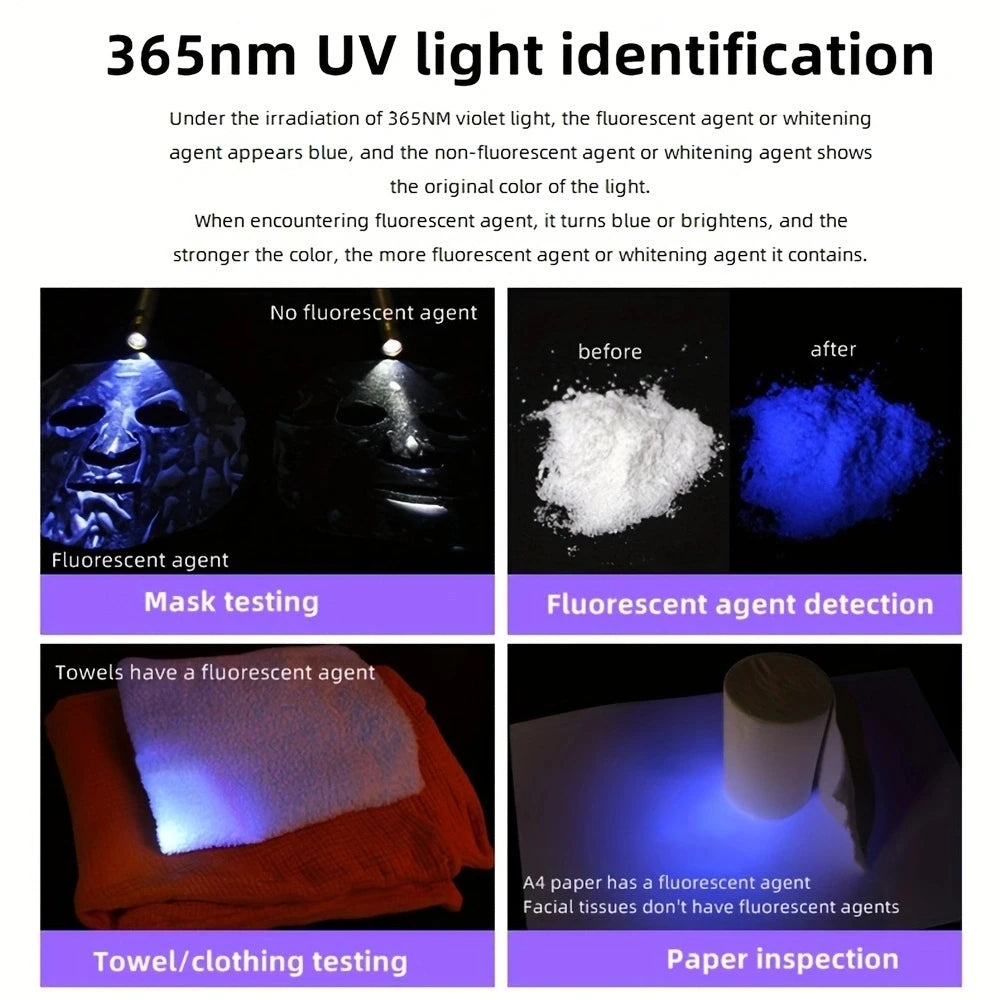 3-in-1 USB rechargeable UV flashlight for detecting pet urine stains, fluorescent agents, and cleaning home surfaces.