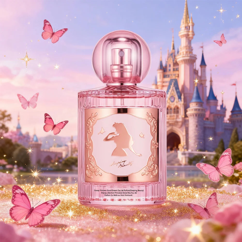 MINISO x Disney Sleeping Beauty EDP 50ml: Luxury floral women's perfume in a pink glass bottle with round cap.
