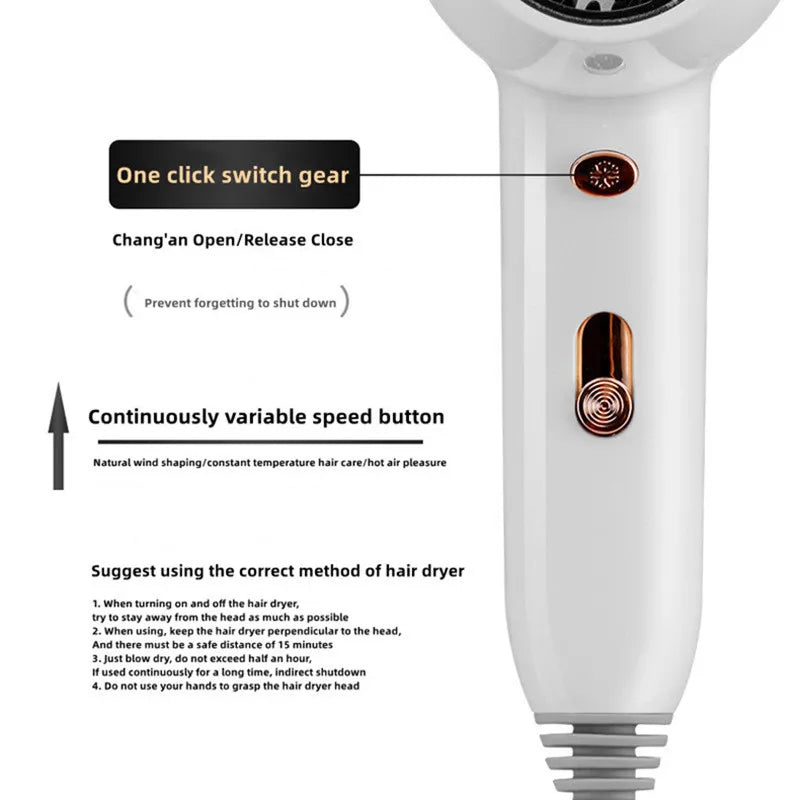 White wall-mounted hair dryer with one-click power switch and variable speed control for professional hair care.