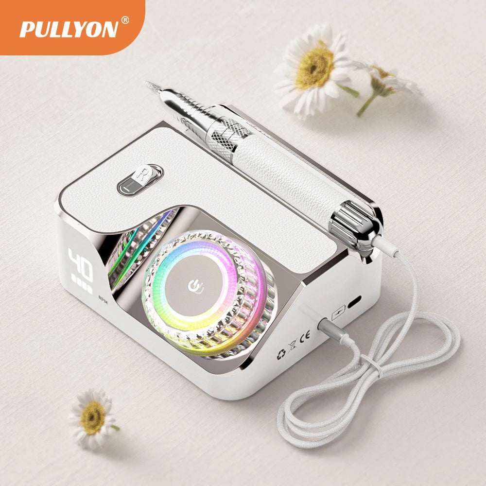 White 40000RPM rechargeable electric nail file with LED ring, sleek manicure pedicure drill for salon or home use.
