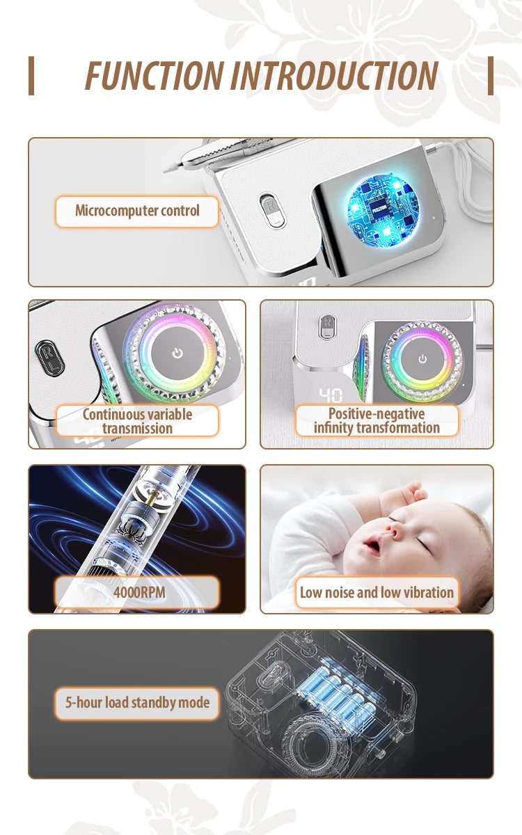 40000RPM rechargeable nail drill with LED control, low noise, long battery life, and portable luxury design.