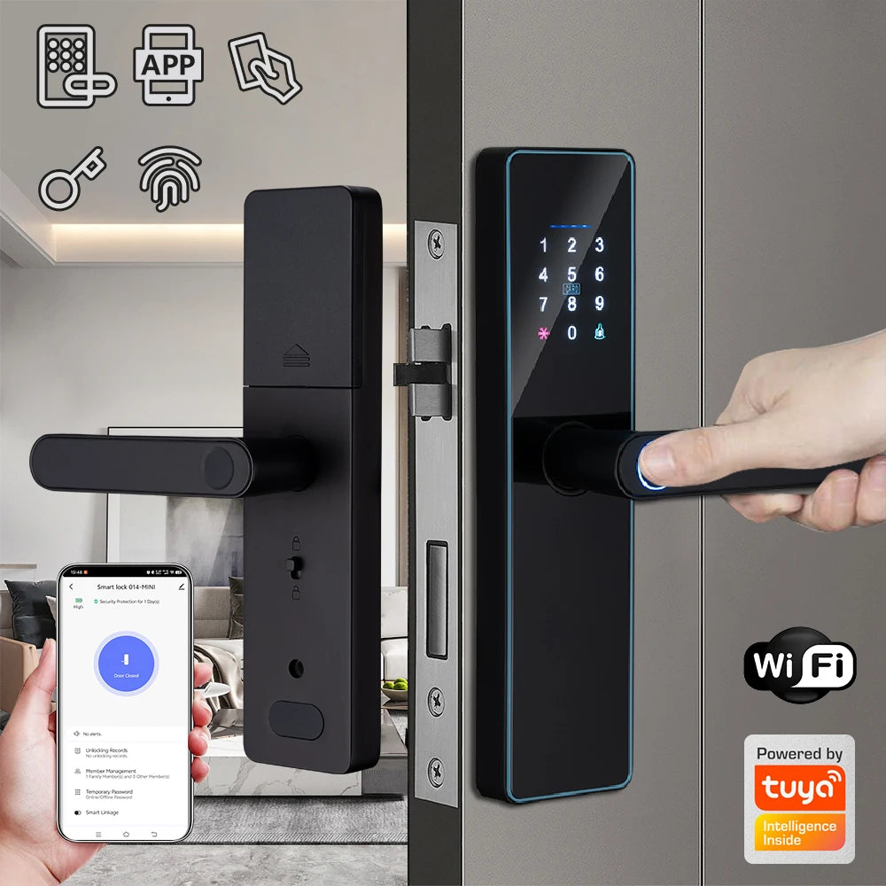 2026 New WiFi Tuya APP Smart Door Lock Remote Unlocking Digital Electronic Smart Home Wooden Door Lock Fingerprint Sound Quiet