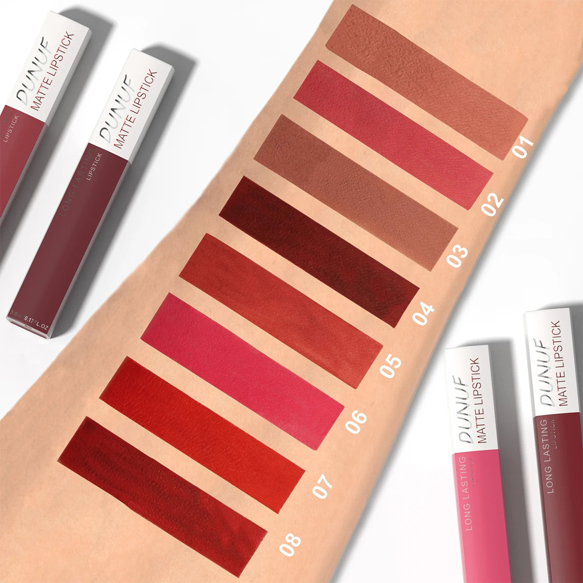 8-piece long-lasting matte lipstick set featuring waterproof, non-stick nude, red, and mauve pigment swatches.