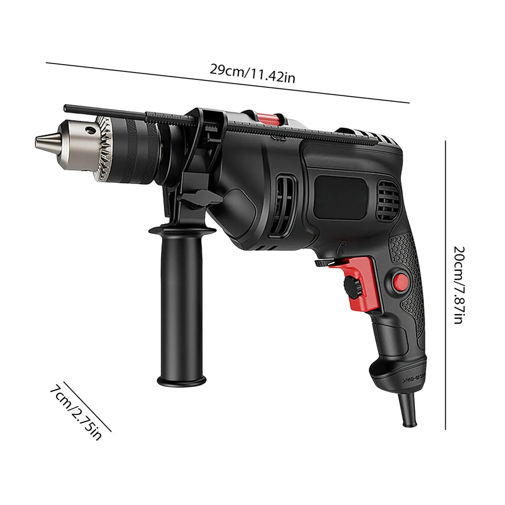 Black cordless drill driver with red accents, side view with length markings