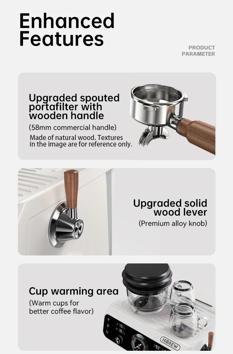 HiBrew espresso machine features: 58mm wooden portafilter, solid wood steam lever, and heated cup warming tray.