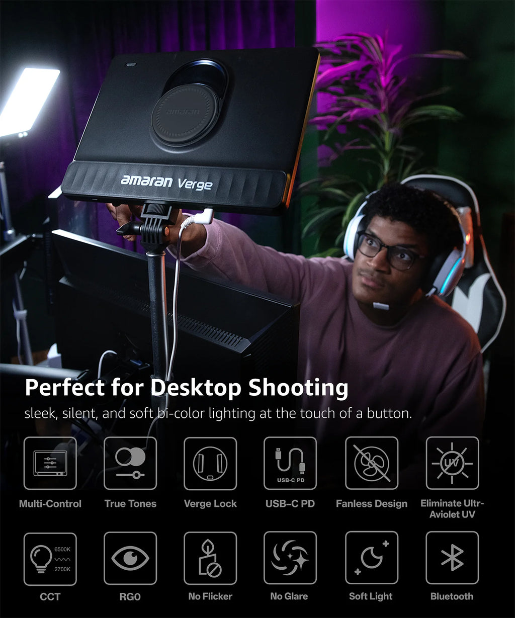 Amaran Verge rectangular black LED panel light on a stand for desktop video production, featuring soft bi-color