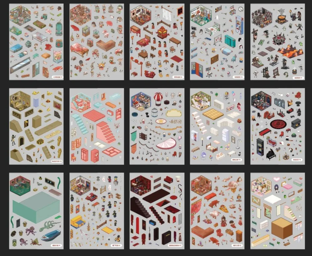 Horror theme PET sticker set, 51 sheets of DIY cartoon cabin scenes for creative crafts and miniature toy design.