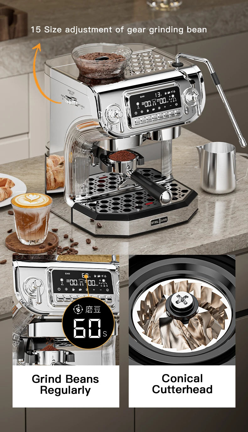 STELANG chrome espresso machine with integrated grinder, digital display, 15 grind settings, and milk steam wand.