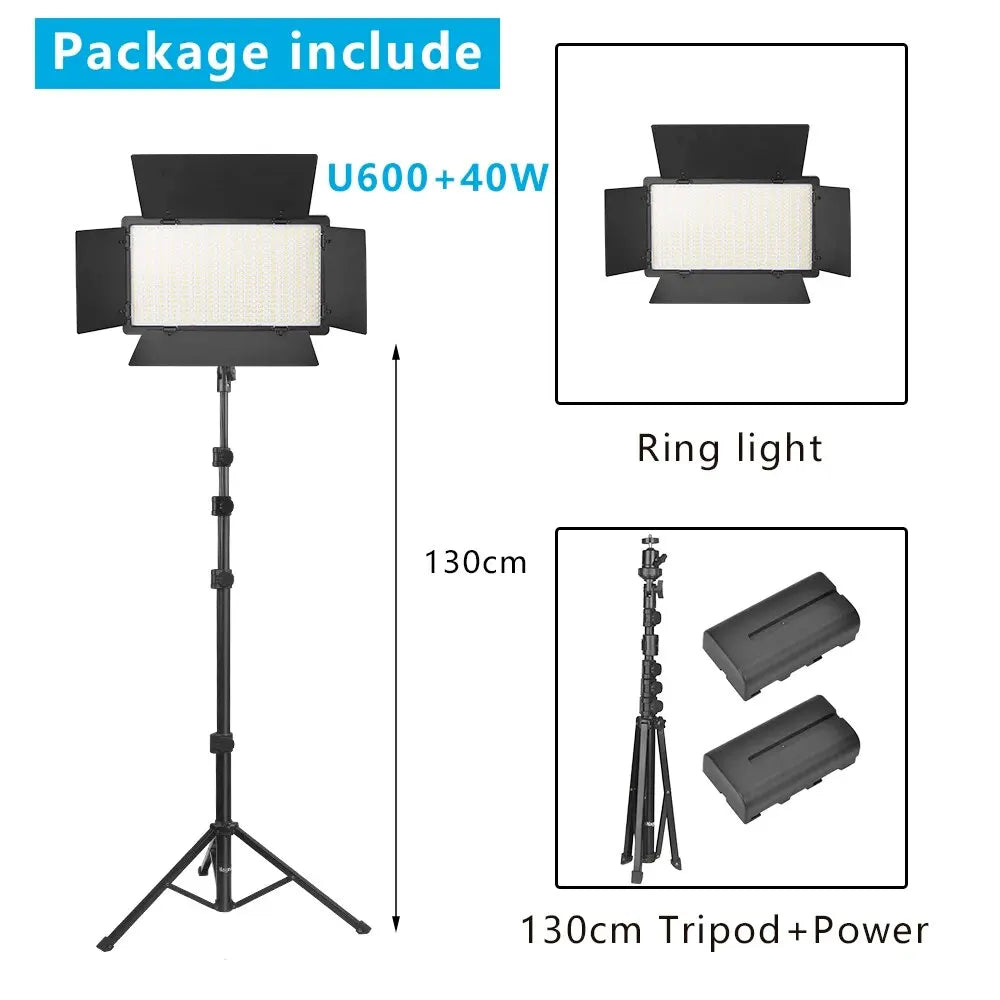U600 40W LED light panel with metal barn doors, 130cm adjustable tripod stand, and two power batteries for photography.