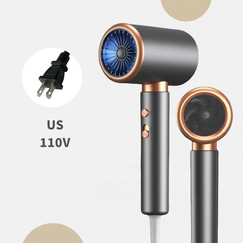Grey and rose gold 2400W high-speed hair dryer with blue light, negative ions, and US plug for salon-quality results.