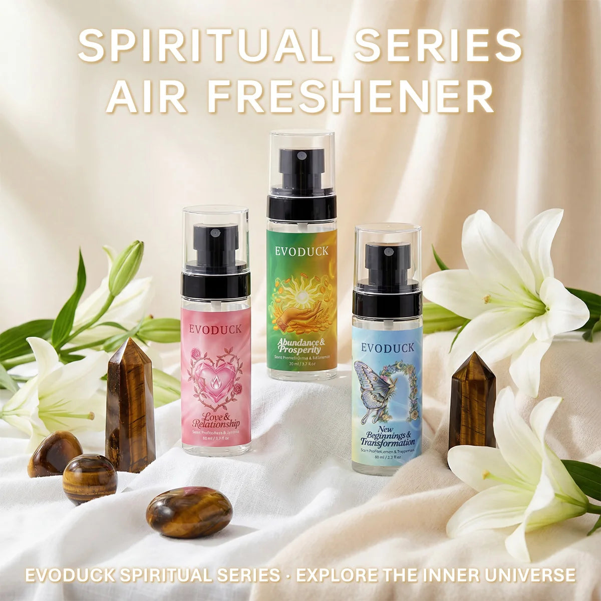 Evoduck Spiritual Series 2.7oz rose & jasmine scented body fragrance mist spray for women in clear travel-size bottles.