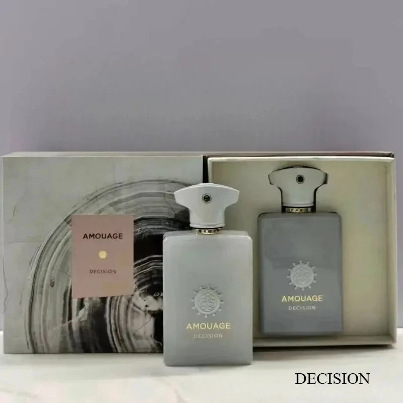 Amouage Decision fragrance set, 100ml EDP, masculine woody aromatic scent, sleek grey bottles with signature cap design.