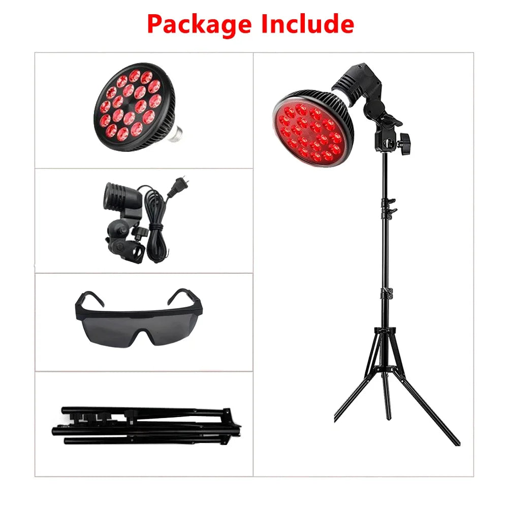 Red light therapy lamp with stand, 660&850nm infrared light for skin health and pain relief, includes goggles and mount.