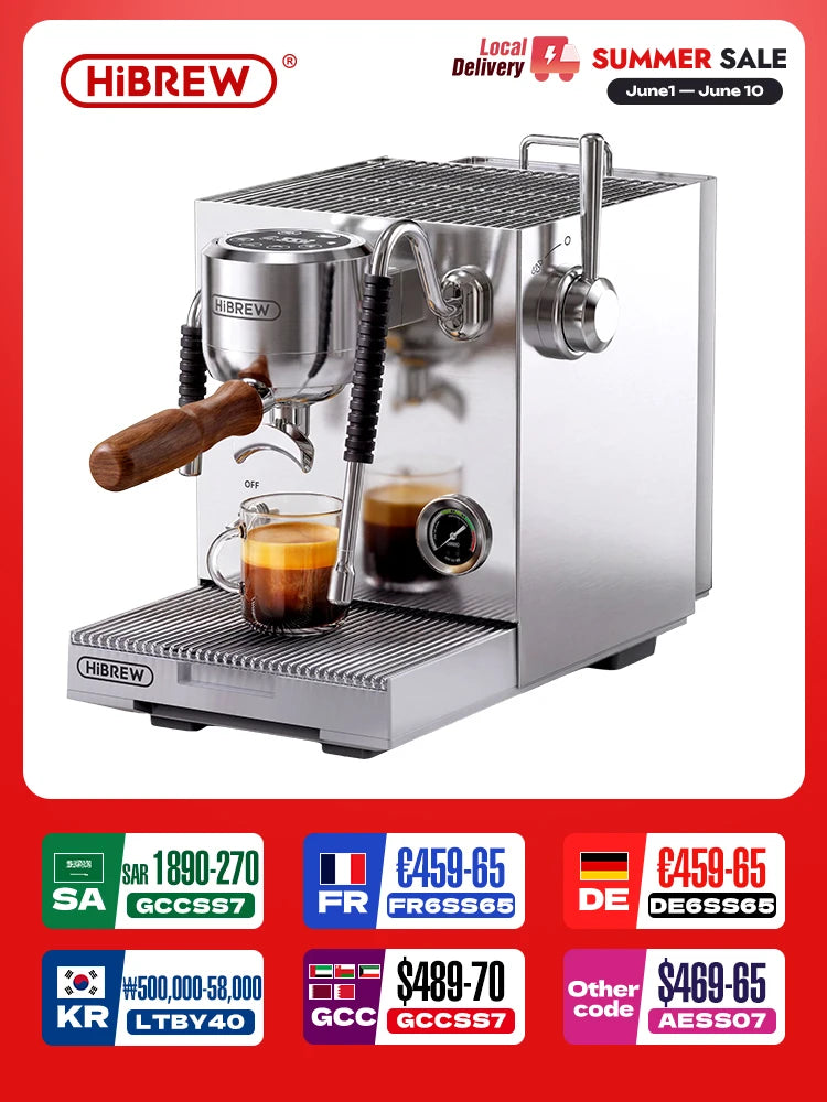 HiBREW stainless steel espresso machine with wood handle and pressure gauge, brewing fresh coffee in a glass cup.
