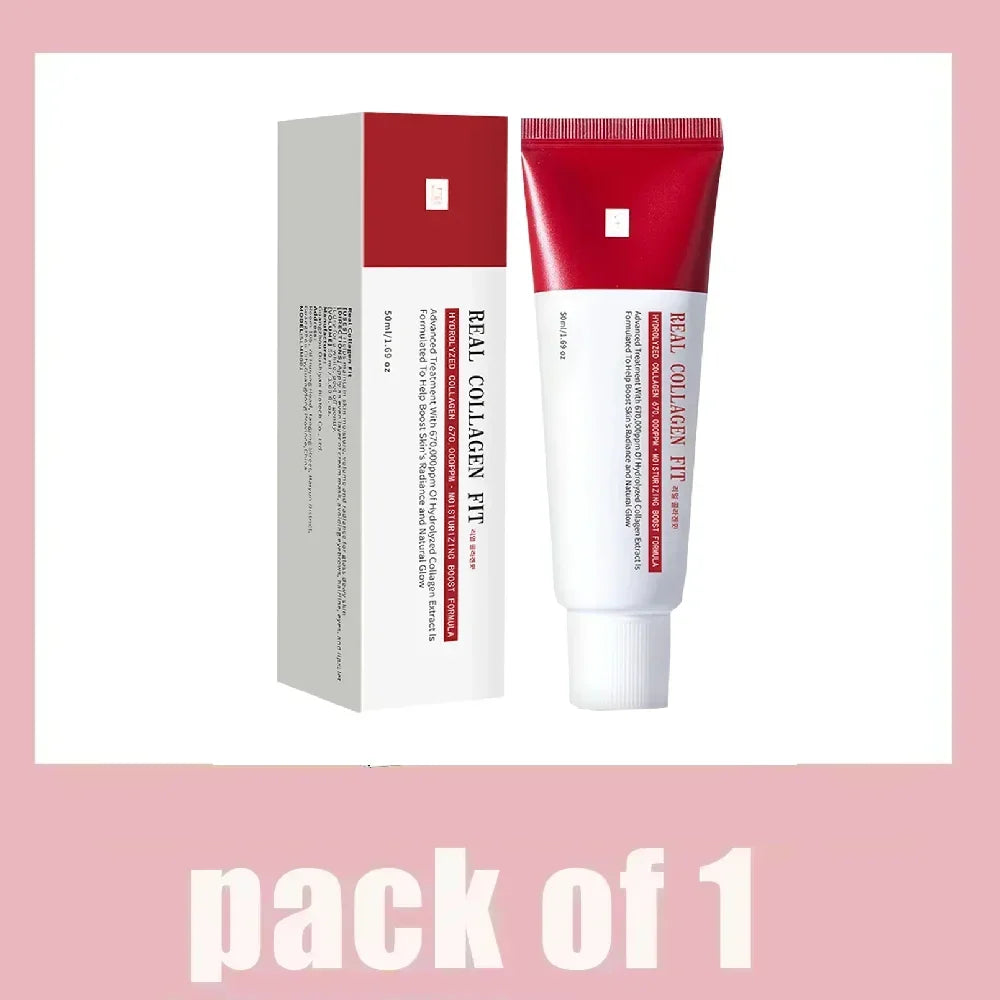 Real Collagen Fit facial cream in a 50ml squeeze tube and box, featuring a red and white design for skin hydration.