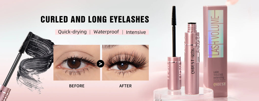 QIBEST waterproof mascara for long, curled lashes. Features before-and-after results, quick-dry formula, and pink packaging.