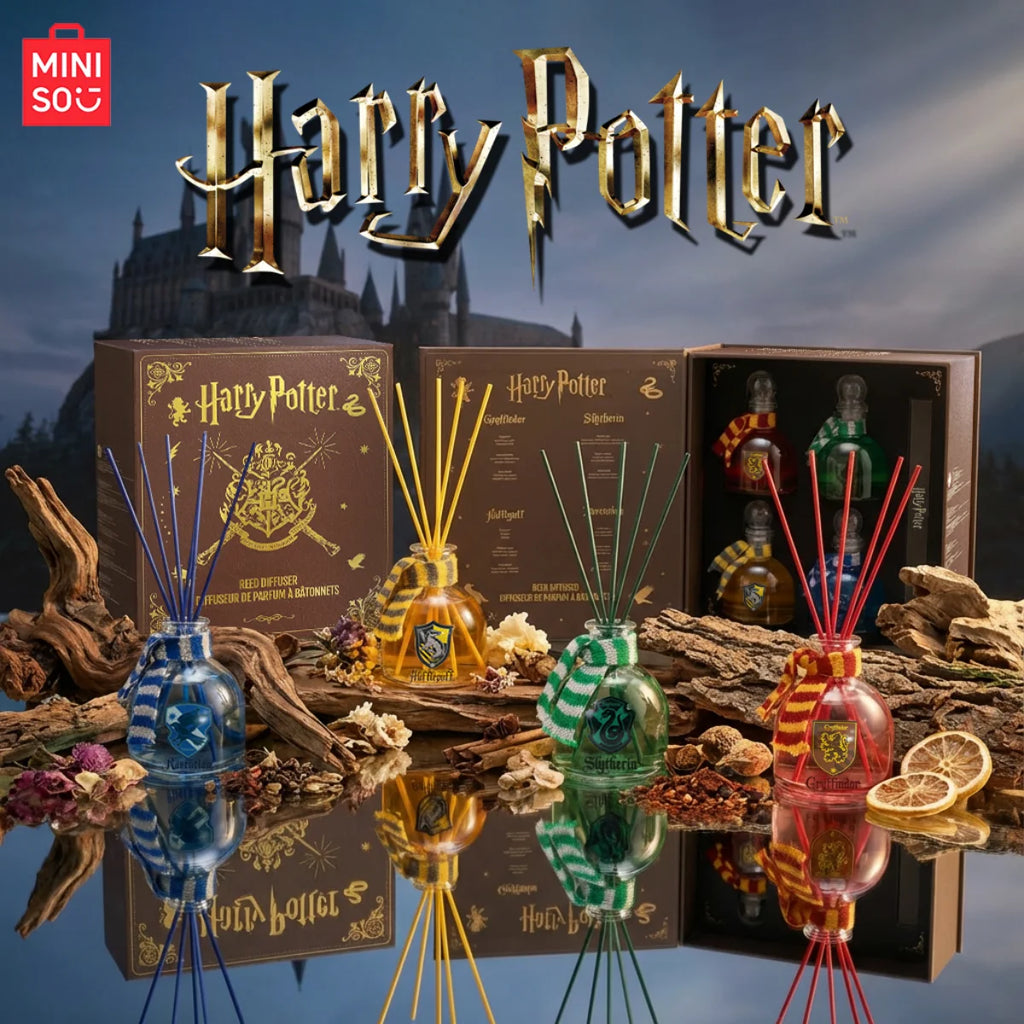 MINISO Harry Potter Magic Academy 4pc Reed Diffuser Set. Colorful round glass bottles with Hogwarts house scarf decor.