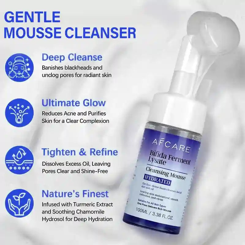 AFCARE Bifida Ferment Lysate cleansing mousse with a pump bottle, displayed over a background of soft, white foam.