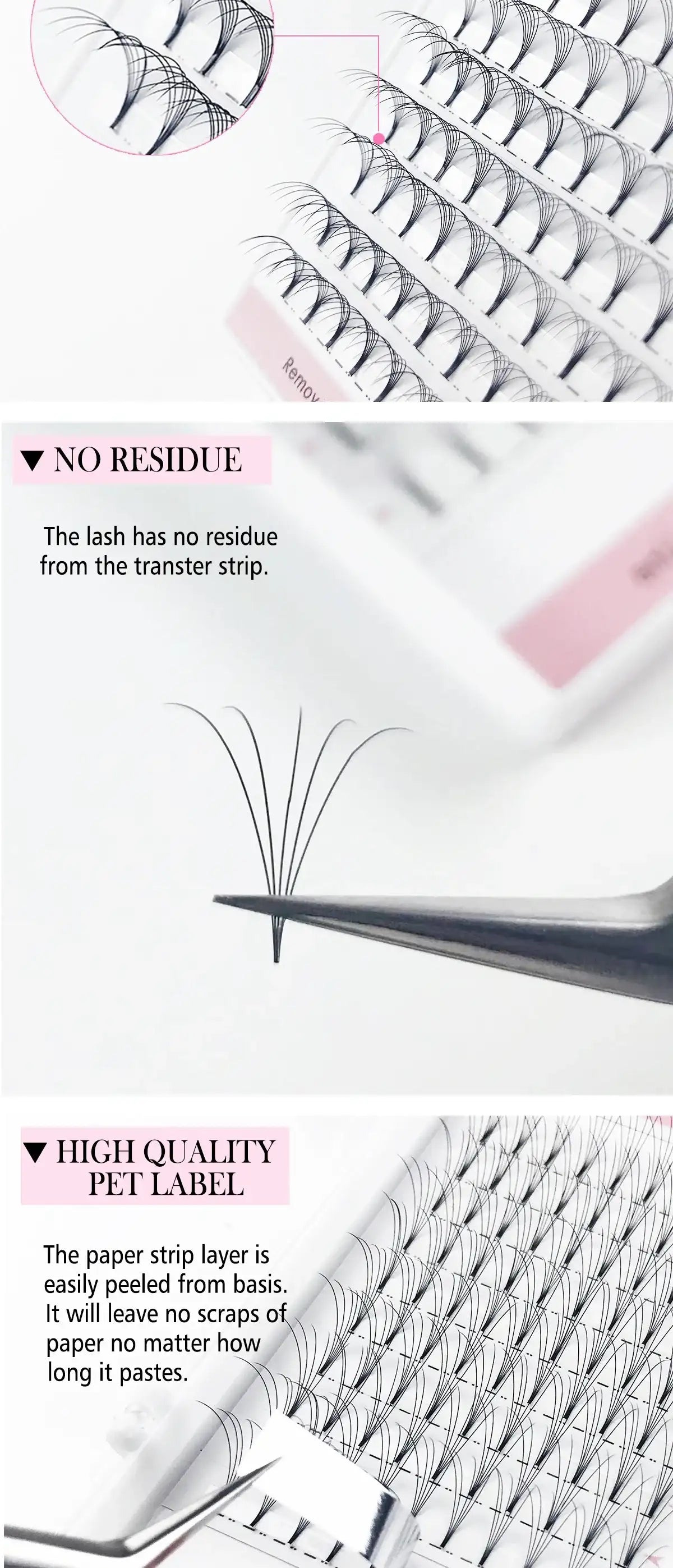 Black faux mink volume lash fans on a transfer strip, shown being lifted with tweezers. Clean base, short-stem design.