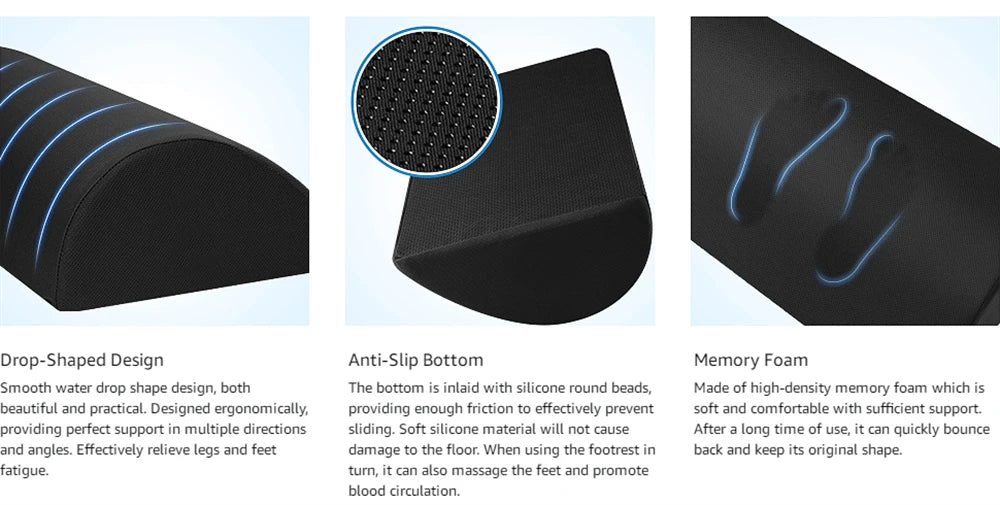 Black memory foam under-desk foot rest with drop-shaped ergonomic design and anti-slip silicone bead bottom.