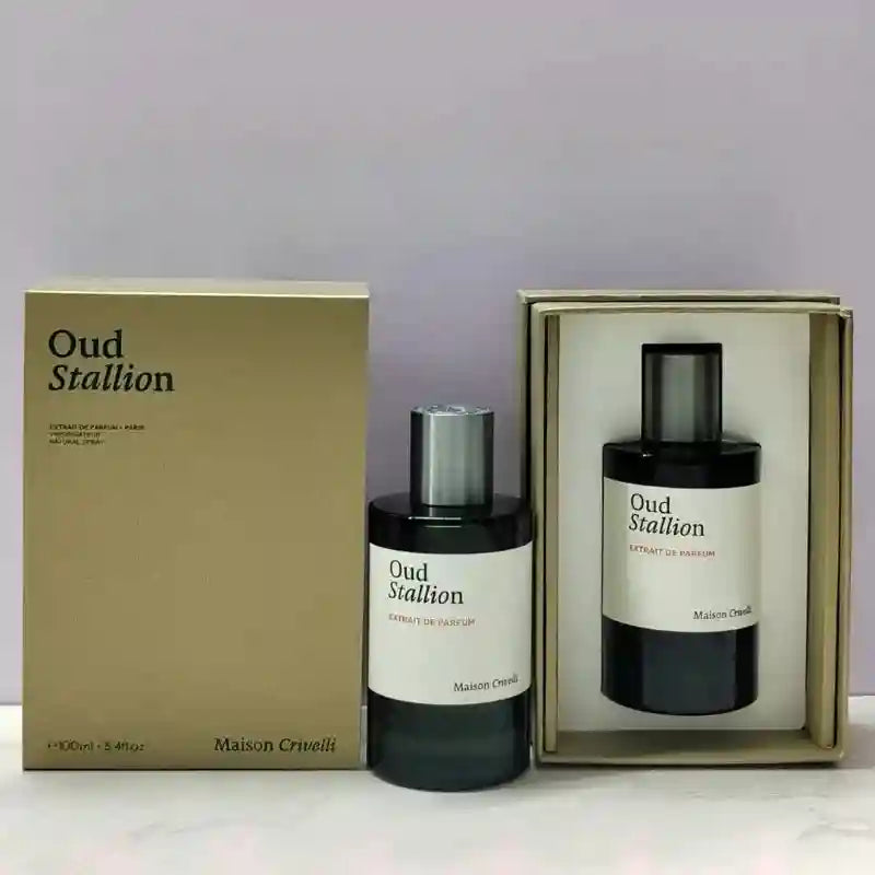 Maison Crivelli Oud Stallion 100ml Extrait de Parfum, unisex oud fragrance in a sleek cylindrical glass bottle.