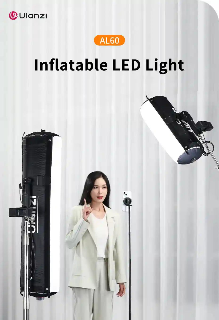 AL60 inflatable cylindrical LED softbox light on a stand, providing soft studio lighting for photography and video.