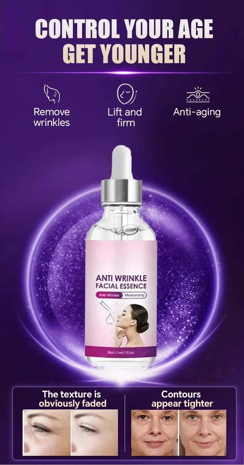 Anti-Wrinkle Facial Essence dropper bottle for skin firming, tightening, and anti-aging results.