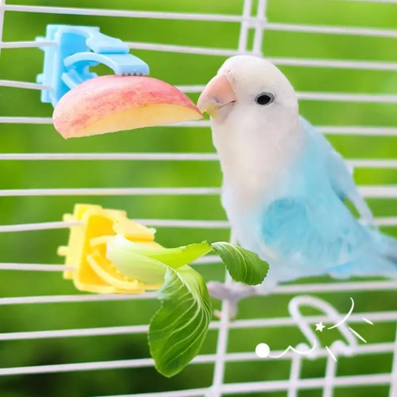 Blue and yellow plastic bird cage clips holding fruit and greens for a pet parrot to eat easily.