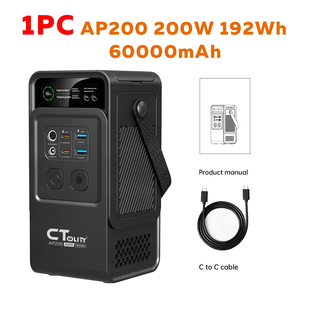 CTOLITY AP200 200W 195Wh 60000mAh Portable Power Station Outdoor Solar Generator Lifepo4 Battery USB TYPE-C SP100 100W Flexible Solar Panel Camping Travel