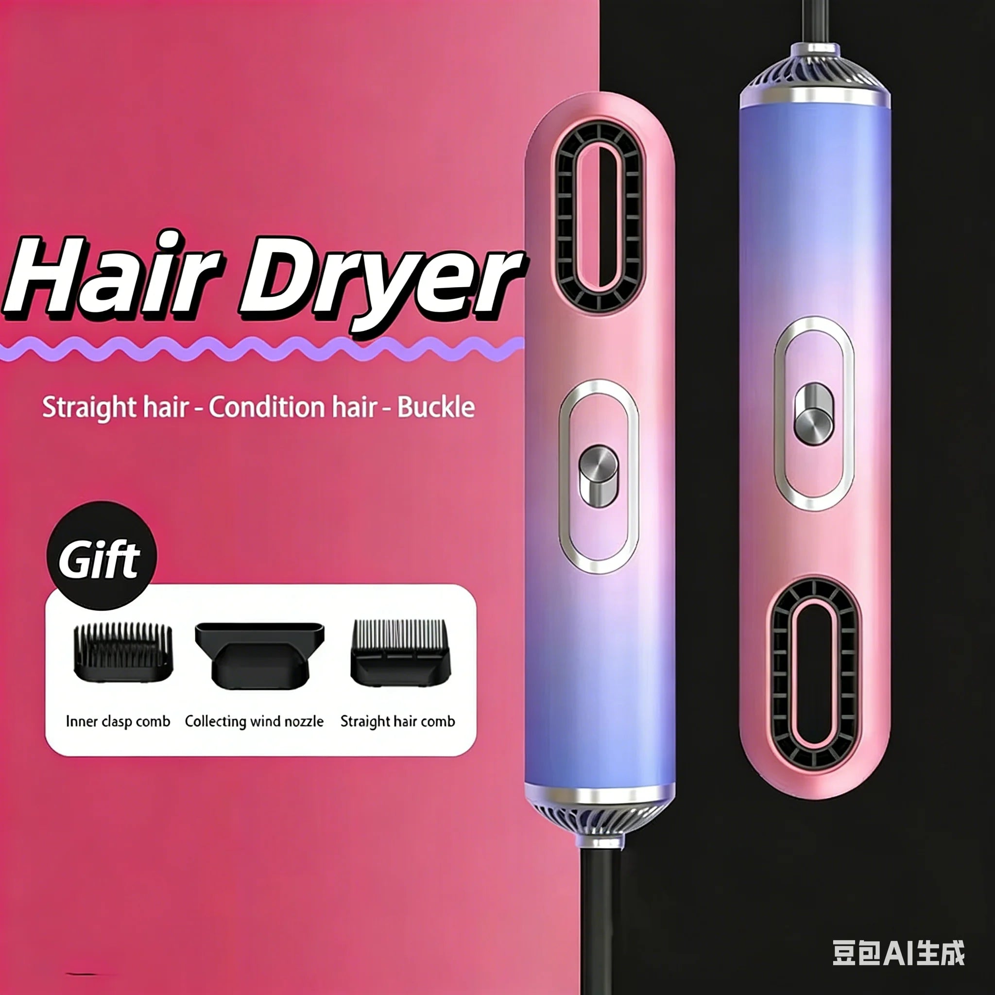 Pink-blue ionic high-speed hair dryer with styling attachments, straight hair comb, and professional nozzle for salon.