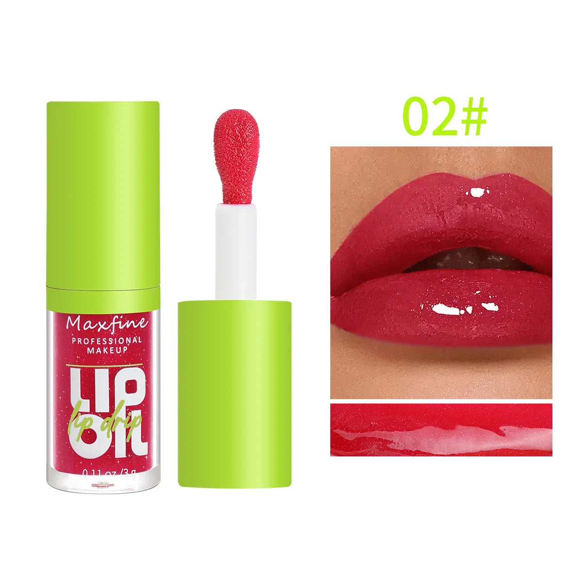 Maxfine waterproof high-shine lip gloss in shade 02, featuring a red hydrating formula and applicator.