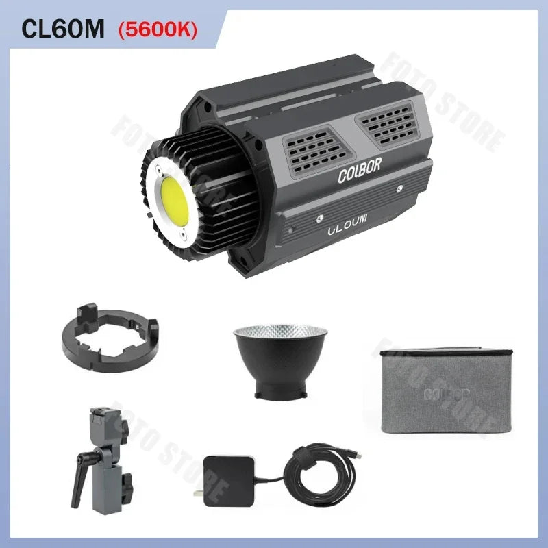 CL60M COB LED video light with grey housing, reflector, mount, power adapter, and carrying case for studio lighting.