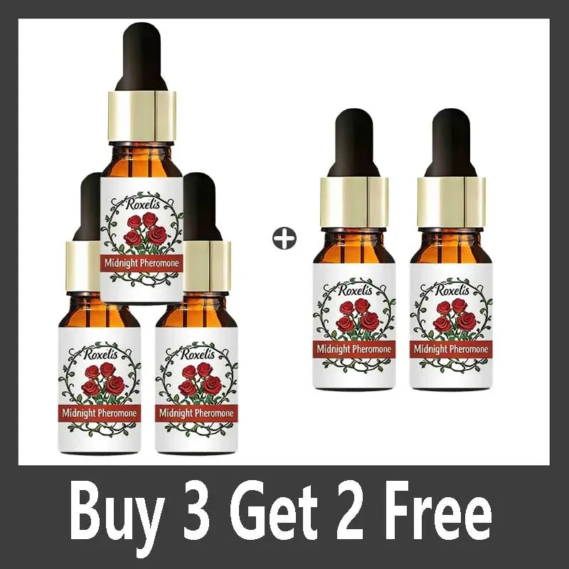 Roxelis Midnight Pheromone perfume: 5 amber dropper bottles with rose art. Unisex long-lasting attraction fragrance set.