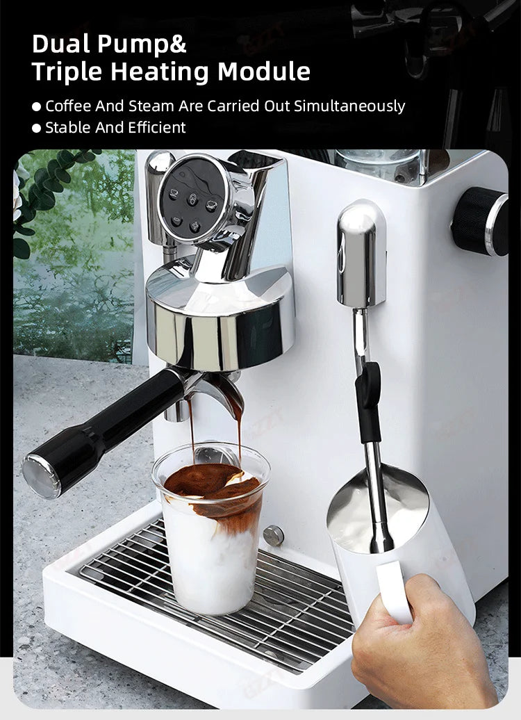 White professional espresso machine with dual pump, steam wand, and portafilter brewing coffee into a glass.