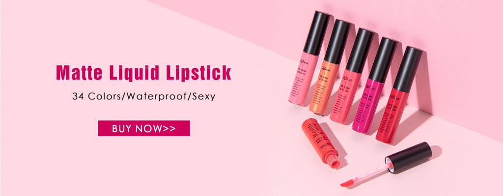 QIBEST matte liquid lipstick set in various vibrant shades with applicator wands on a soft pink background.