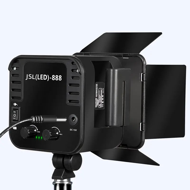 JSL(LED)-888 black rectangular studio LED light with adjustable metal barn doors and power controls on a light stand.
