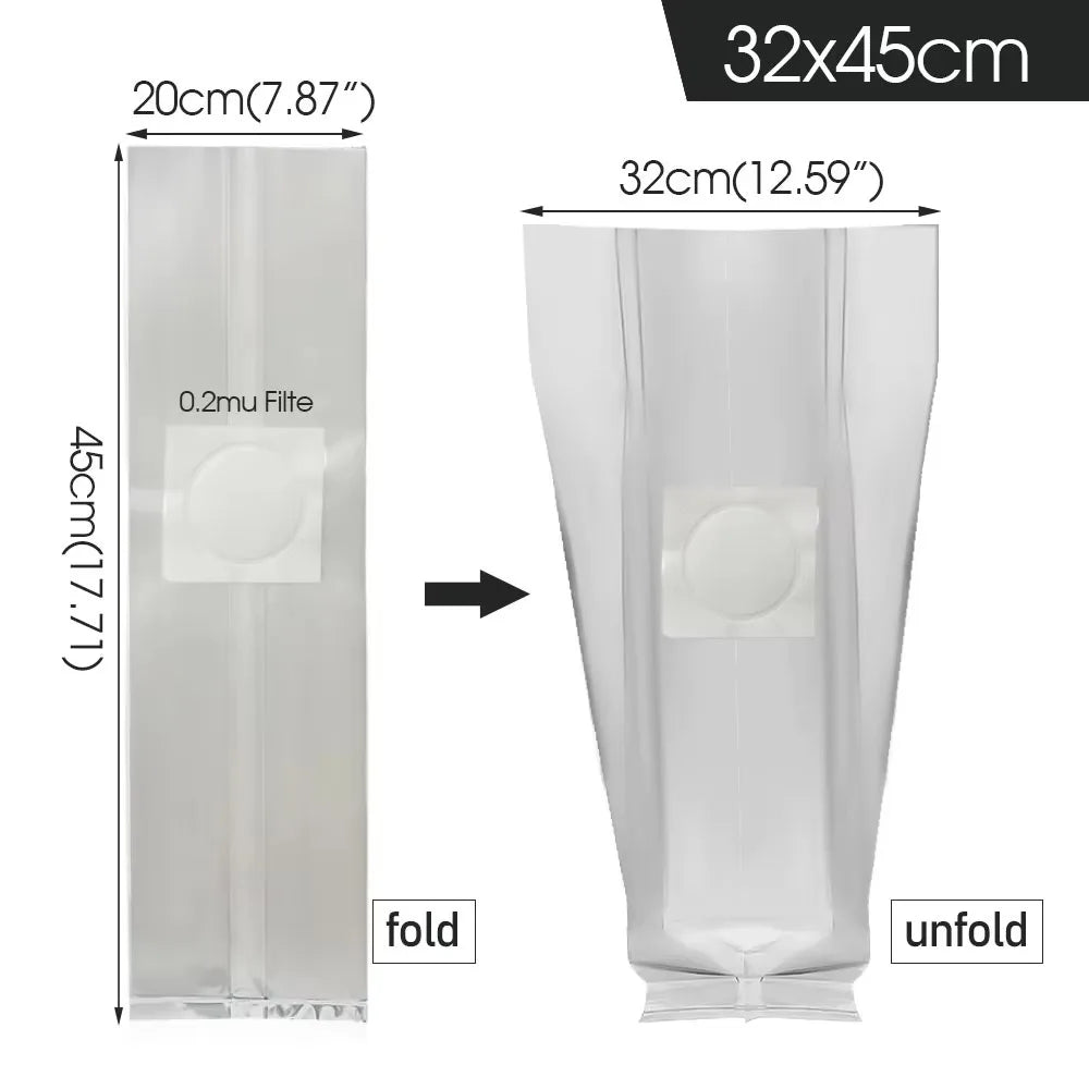 Clear mushroom grow bag with 0.2-micron filter for cultivating adaptogen mushroom powder or extracts.
