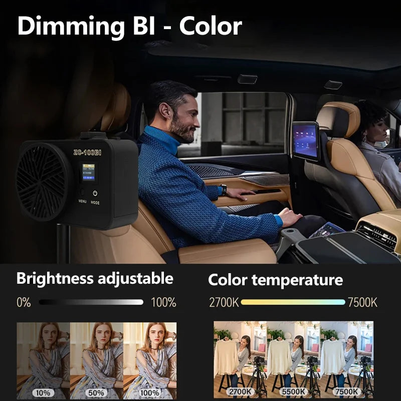 Black rectangular ZC-100BI LED video light with dial controls and display screen for adjustable brightness and warmth.