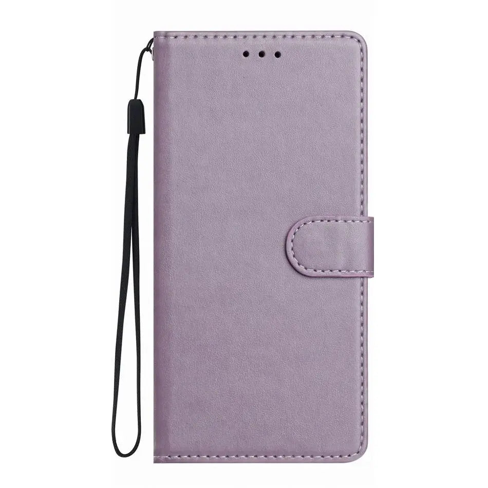 Lavender faux leather phone wallet case with a magnetic closure and a black wrist strap.