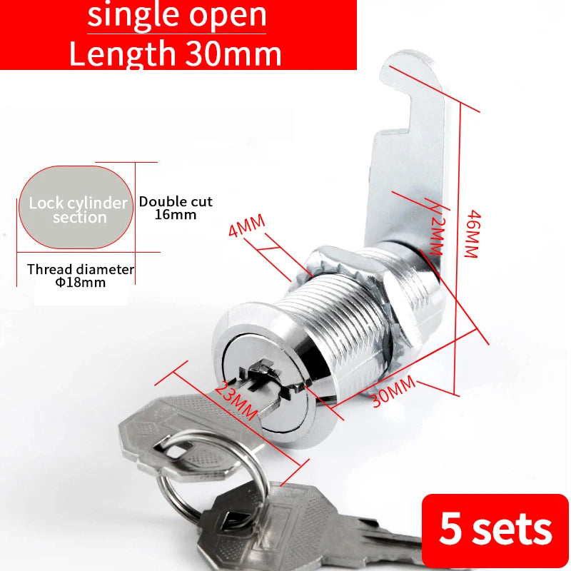 5/20SETS Metal Cylinder Cabinet Security Locker Cam Lock With 2 Keys Same Key Different Key Security Mailbox Lock Drawer 16mm