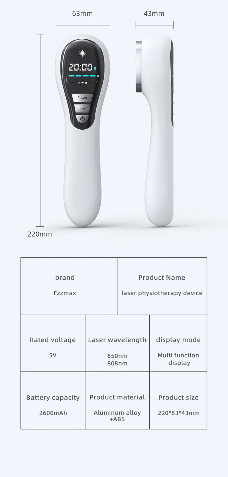 Handheld cold laser therapy device with white ABS body, digital display, and infrared LED for pain relief treatment.