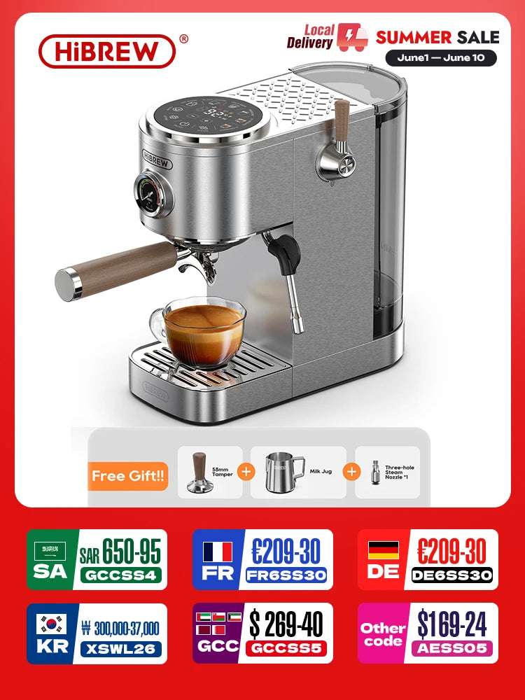 HiBREW stainless steel espresso machine with digital display, pressure gauge, and wood-accent portafilter handle.