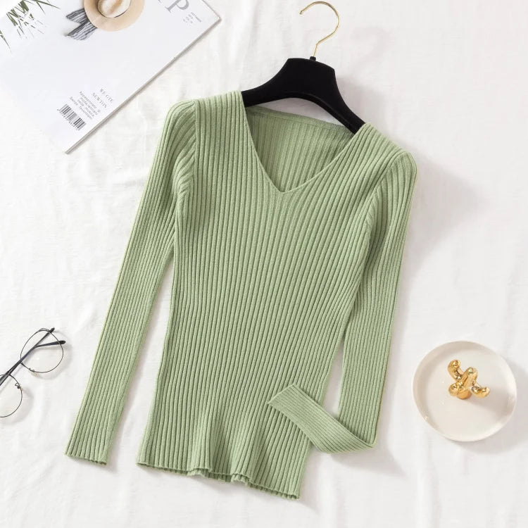 2026 Casual Long Sleeve Knitted V Neck Pullover Autumn Winter Women Sweaters Femme Basic Solid Jersey Tops Fashion Clothes