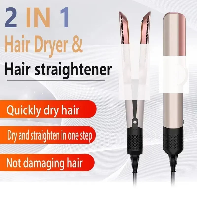 Rose gold 2-in-1 negative ion hair dryer and straightener styling tool for efficient, damage-free wet to dry styling.