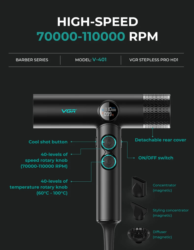 VGR V-401 professional black hair dryer with brushless motor, LCD display, magnetic attachments, and speed/heat dials.
